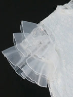 White Looes Lace Dress Stand Collar Half Sleeves Ruffles