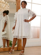 White Looes Lace Dress Stand Collar Half Sleeves Ruffles