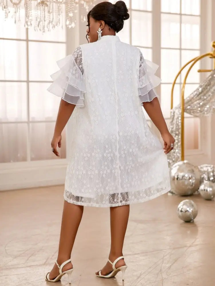 White Looes Lace Dress Stand Collar Half Sleeves Ruffles