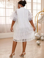 White Looes Lace Dress Stand Collar Half Sleeves Ruffles