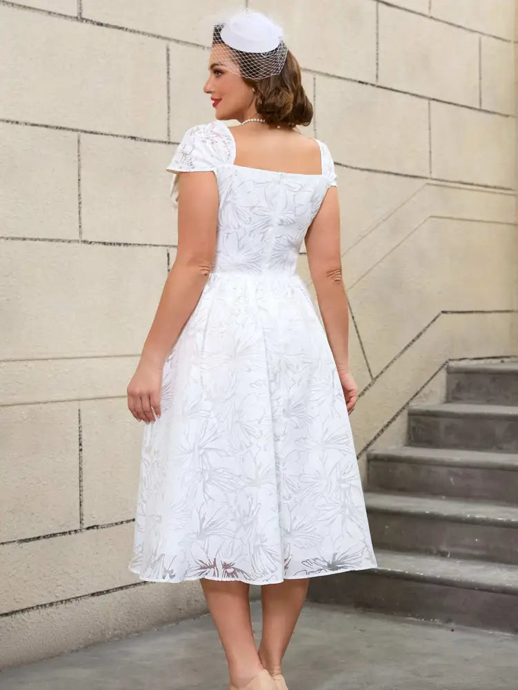 White Midi Dress Sleeveless A Line Dress Vintage 50s Prom Style