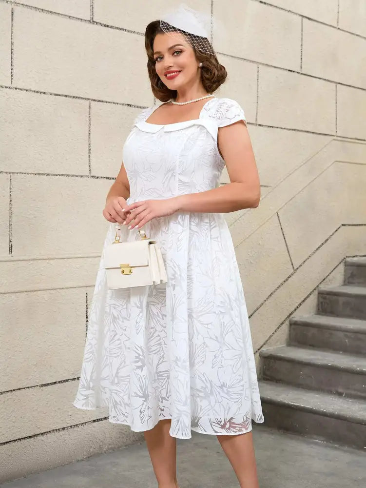 White Midi Dress Sleeveless A Line Dress Vintage 50s Prom Style
