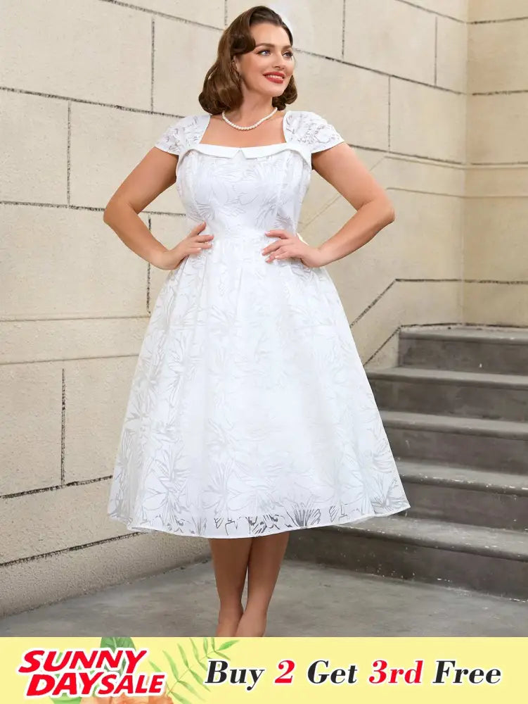 White Midi Dress Sleeveless A Line Dress Vintage 50s Prom Style