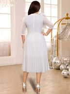 White O Neck Mesh Patchwork Ruffles A Line Pleated Dress