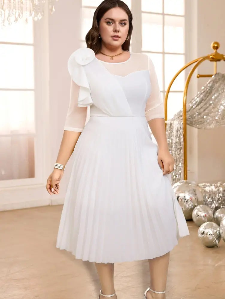 White O Neck Mesh Patchwork Ruffles A Line Pleated Dress