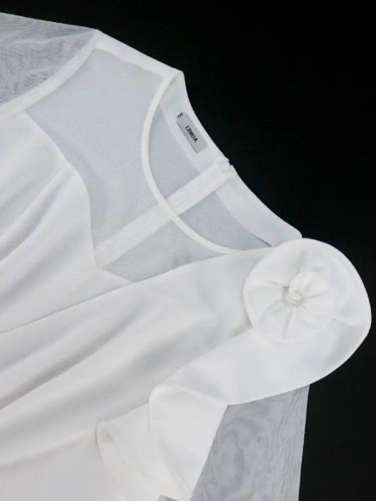 White O Neck Mesh Patchwork Ruffles A Line Pleated Dress