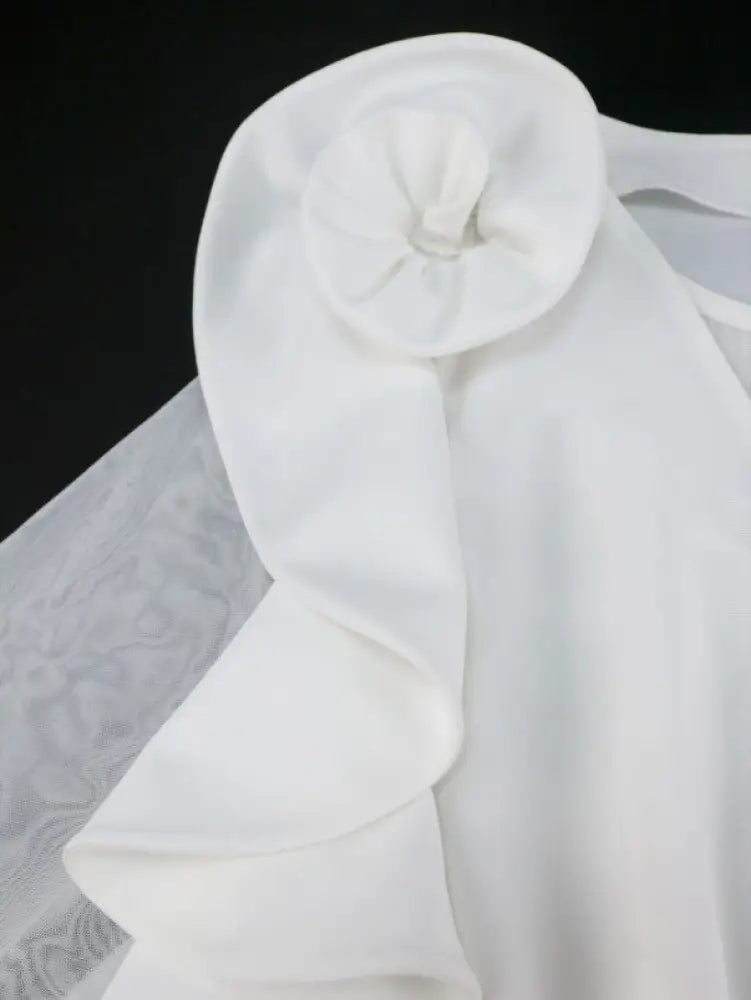 White O Neck Mesh Patchwork Ruffles A Line Pleated Dress