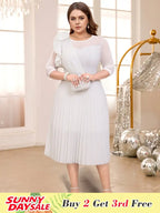 White O Neck Mesh Patchwork Ruffles A Line Pleated Dress
