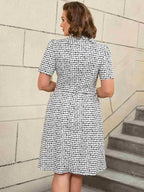 White Short Sleeve A Line Mini Dress with Tie Neck