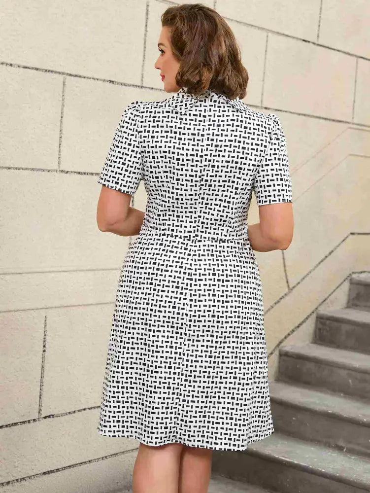 White Short Sleeve A Line Mini Dress with Tie Neck