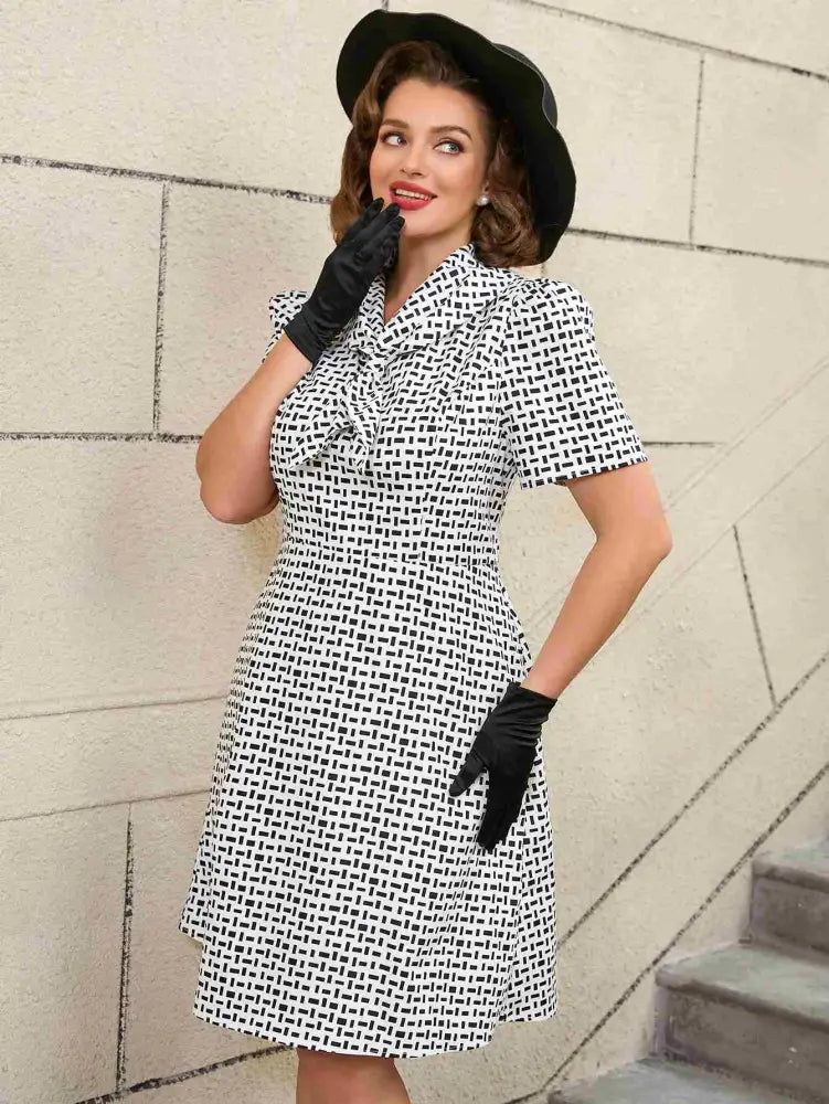 White Short Sleeve A Line Mini Dress with Tie Neck