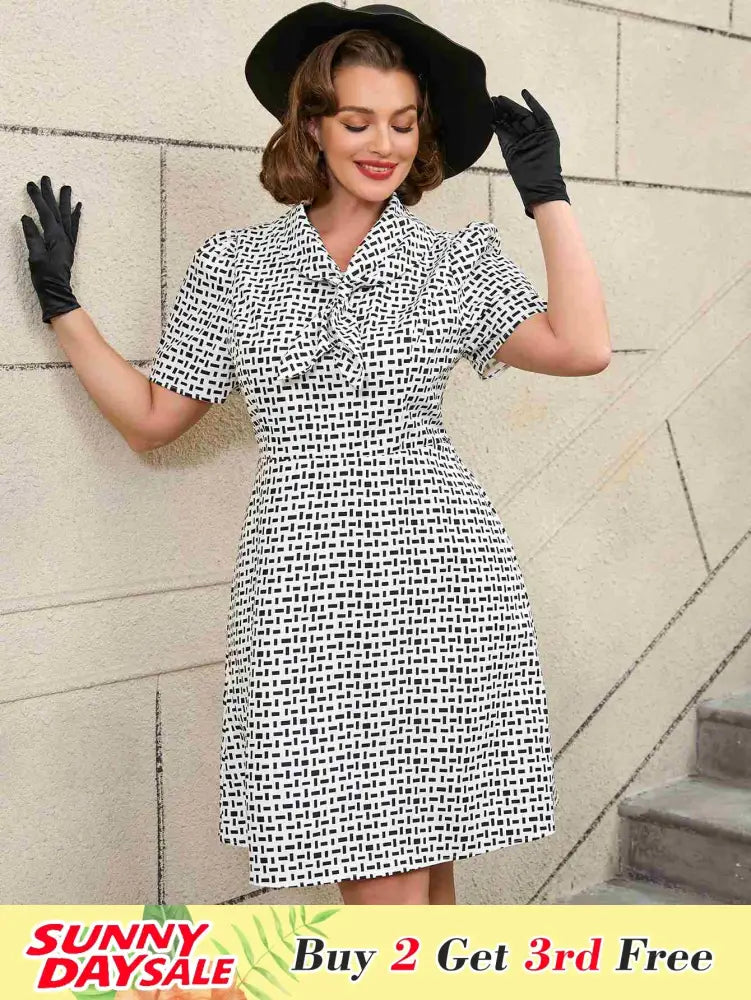 White Short Sleeve A Line Mini Dress with Tie Neck