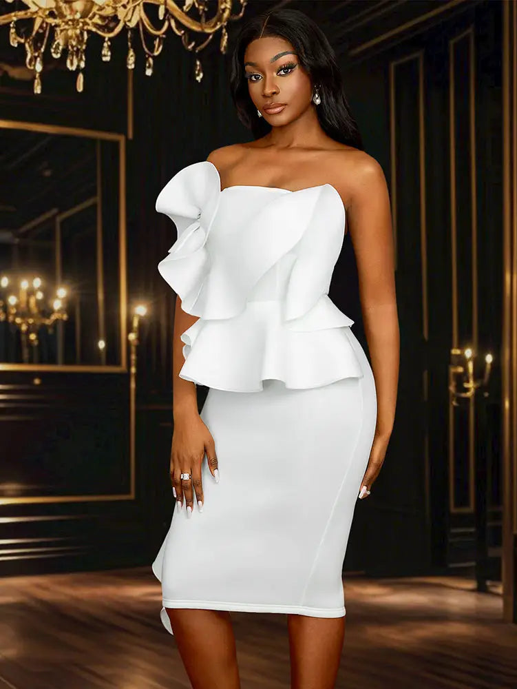 White Wedding Clothes Peplum 3D Decoration Strapless Dress