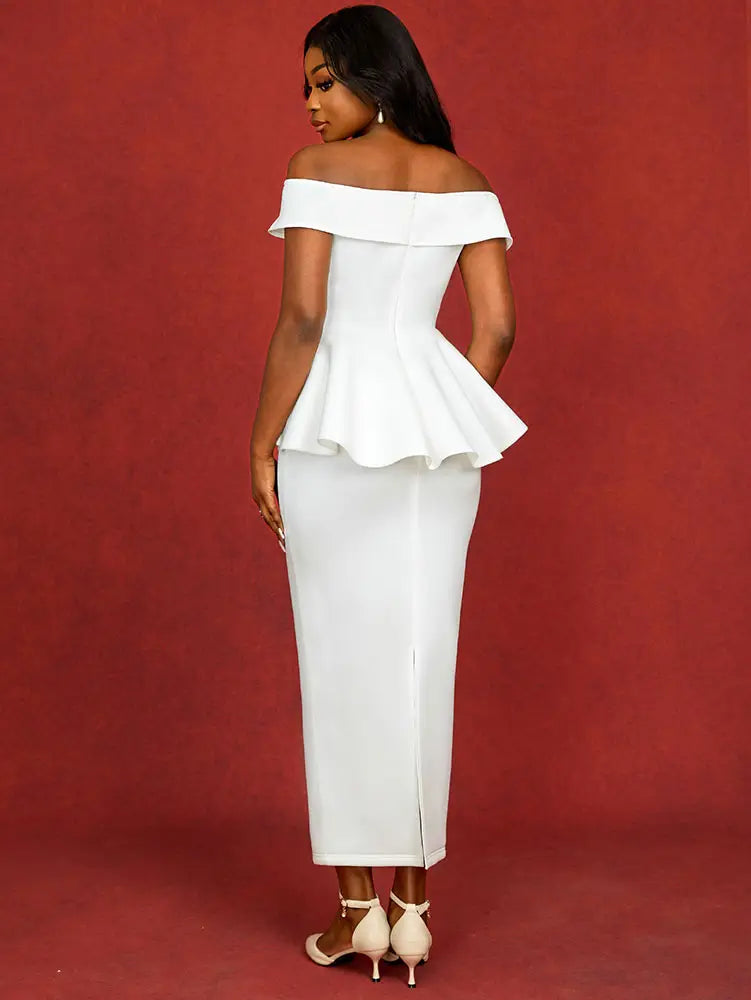 White Wedding Guest Dresses Ruffles Slash Neck Package Hip