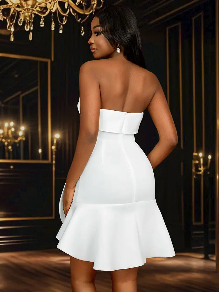 White Wedding Reception 3D Flower Strapless Mini Dress