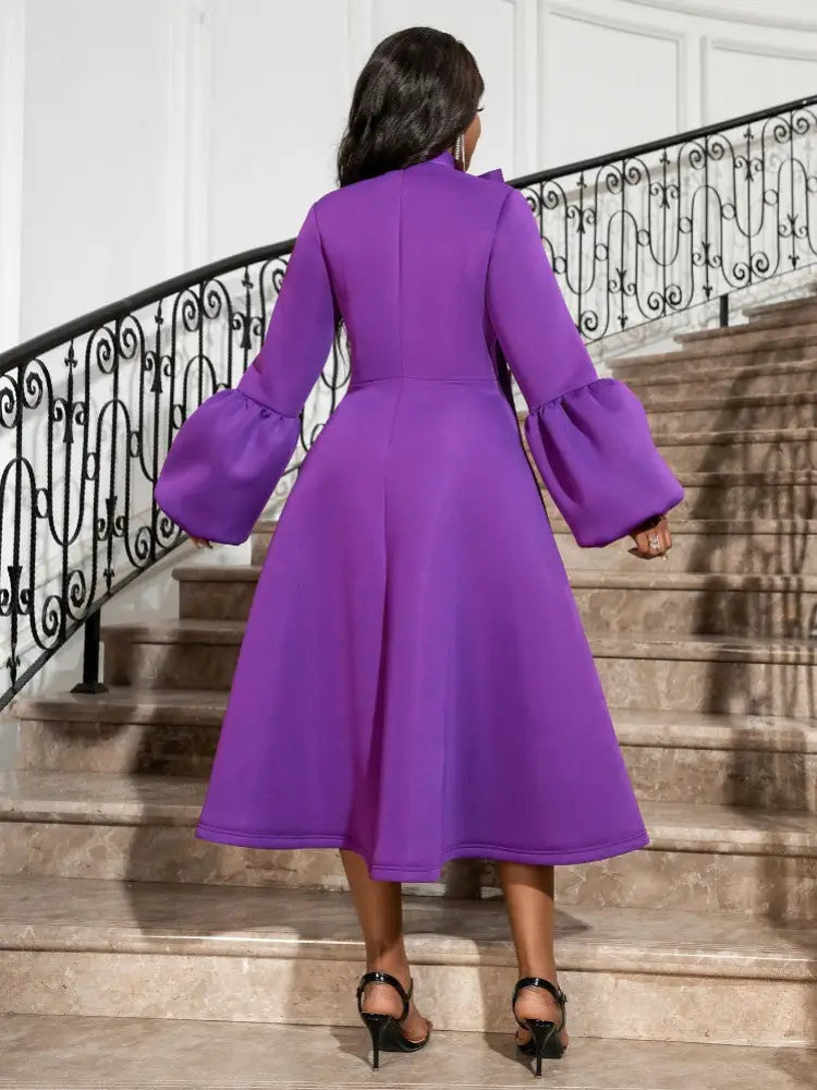 Women Bowtie Collar Long Sleeve Cocktail Dresses A Line Maxi
