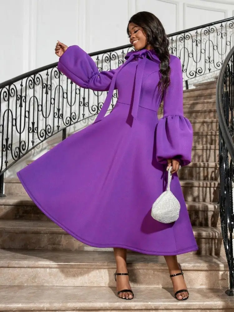 Women Bowtie Collar Long Sleeve Cocktail Dresses A Line Maxi
