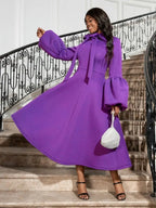 Women Bowtie Collar Long Sleeve Cocktail Dresses A Line Maxi