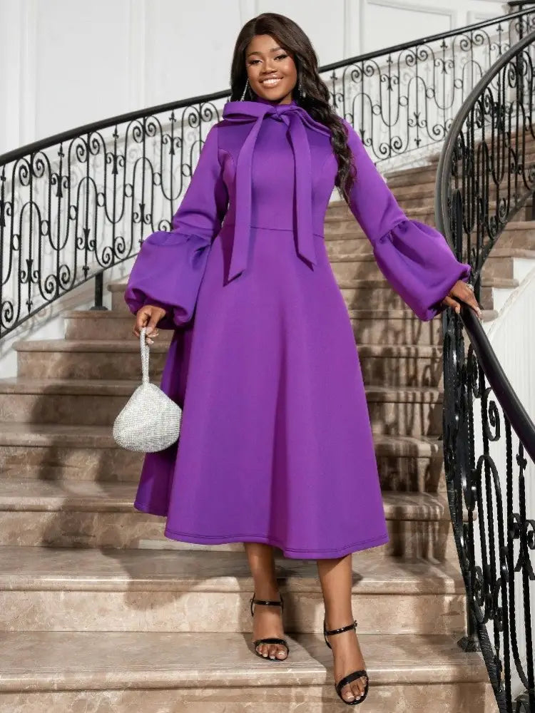 Women Bowtie Collar Long Sleeve Cocktail Dresses A Line Maxi