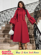 Women Bowtie Collar Long Sleeve Cocktail Dresses A Line Maxi