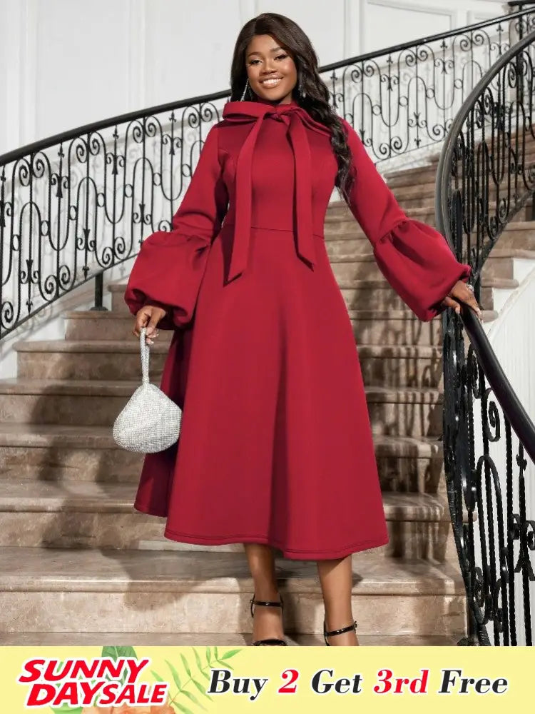 Women Bowtie Collar Long Sleeve Cocktail Dresses A Line Maxi