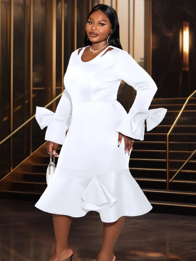 Women Flare Sleeve Cut Out Church Dress Plus Size Gowns