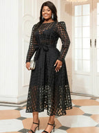 Women Plaid Long Sleeve Mesh Midi Dresses