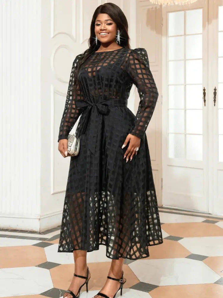 Women Plaid Long Sleeve Mesh Midi Dresses