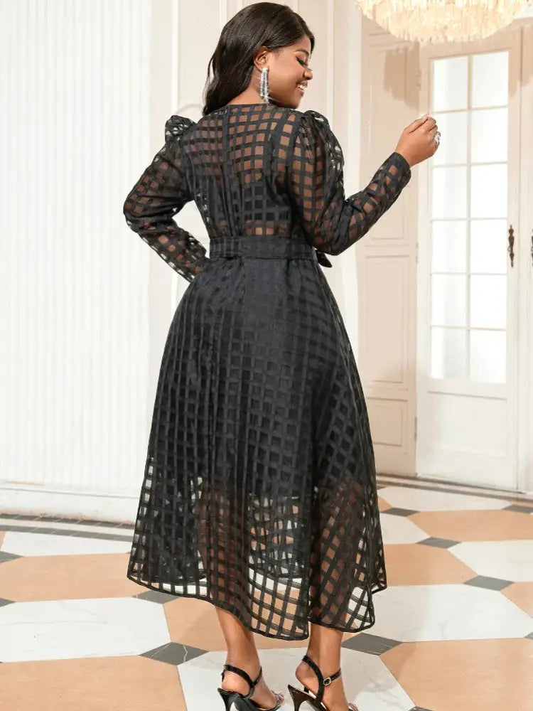 Women Plaid Long Sleeve Mesh Midi Dresses