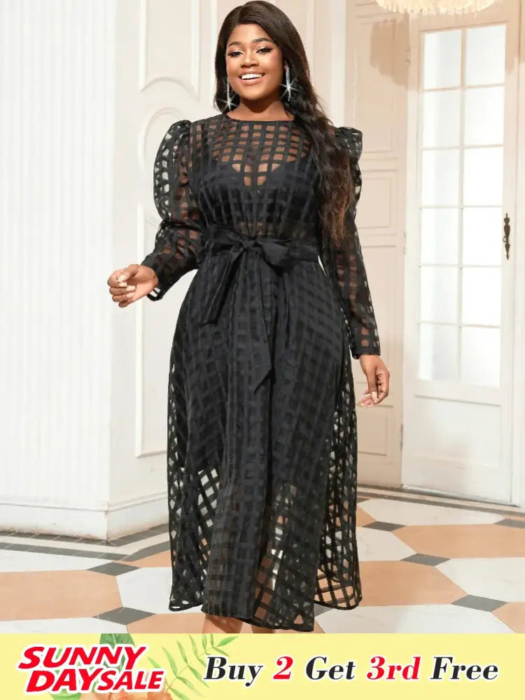 Women Plaid Long Sleeve Mesh Midi Dresses
