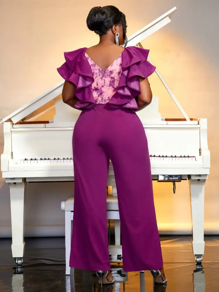 Women Ruffles Sleeve Jumpsuit Wide Leg Rompers Outfits