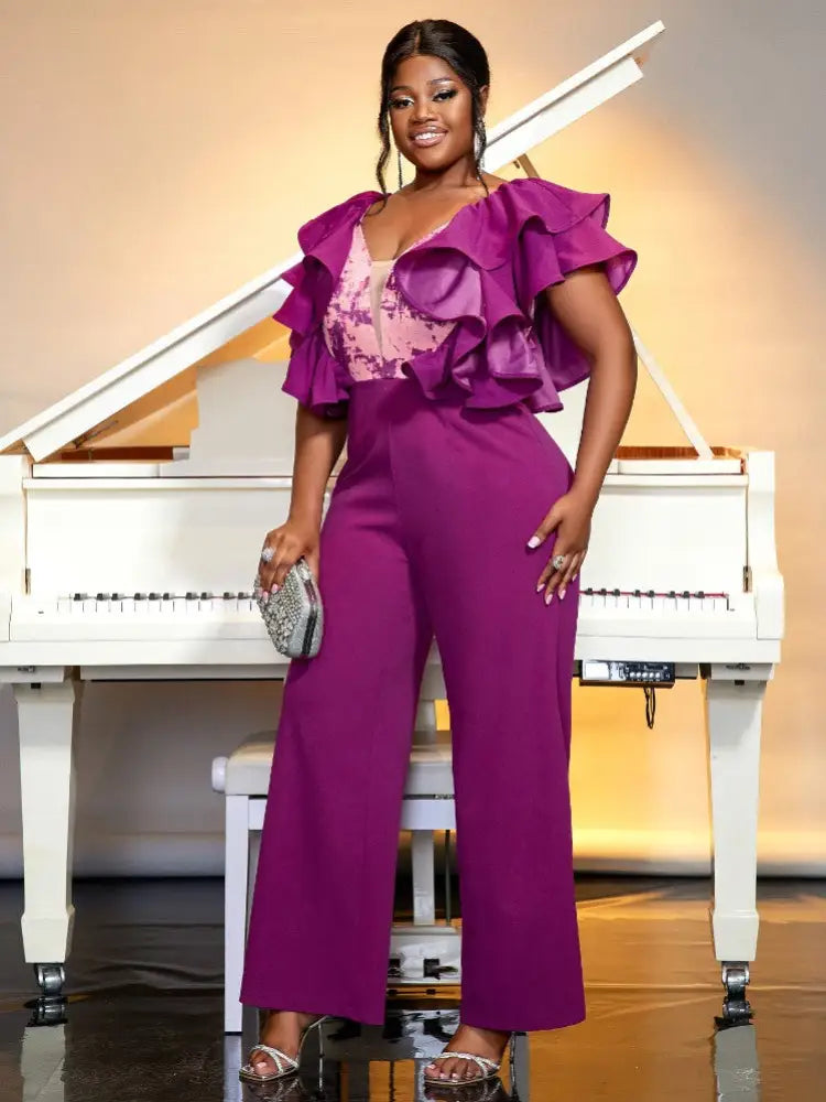 Women Ruffles Sleeve Jumpsuit Wide Leg Rompers Outfits
