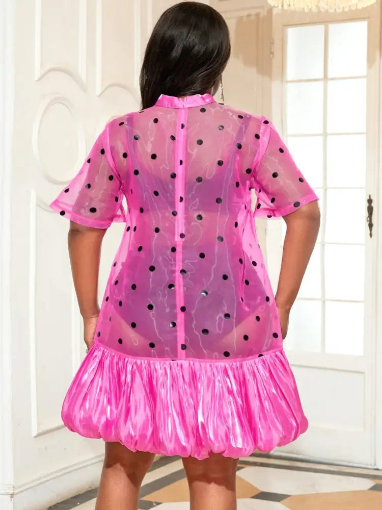 Women Sexy Polka Dot Mesh Loose Dress Plus Size