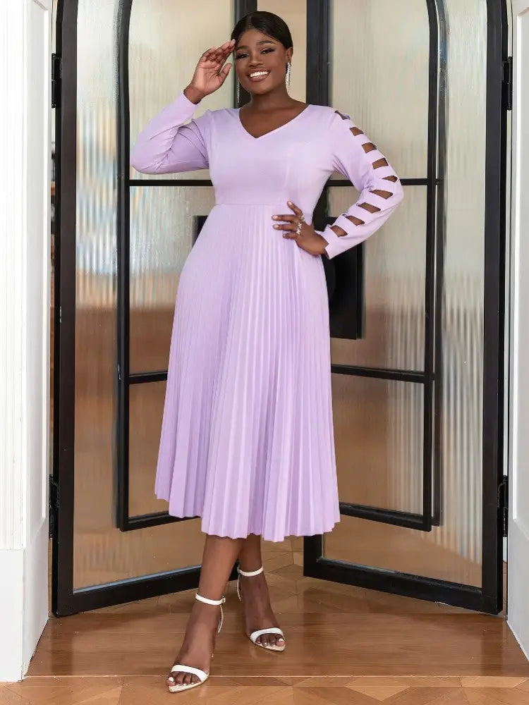 Women V Neck Party Dress Hollow Out Midi Pleated Dresses