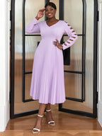 Women V Neck Party Dress Hollow Out Midi Pleated Dresses
