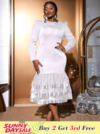 Women's Nail Bead Tight Fish Tail Dress Long Sleeved Round Neck White Bridal Shower Dresses