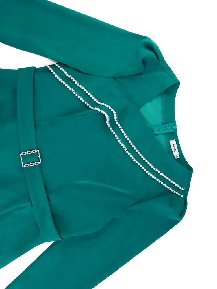 Work Holiday Party Dress Long Sleeve Chain Trim Lake Green Silk