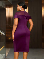 Work Party Dress Round Neck Sequin Applique Ruffle Hem