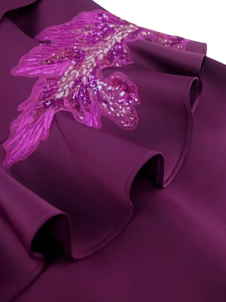 Work Party Dress Round Neck Sequin Applique Ruffle Hem