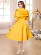 Yellow A Line Dress O Neck Mesh Patchwork Sleeve Appliques
