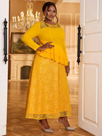 Yellow A Line Maxi Dress O Neck Lace Patchwork Long Sleeve