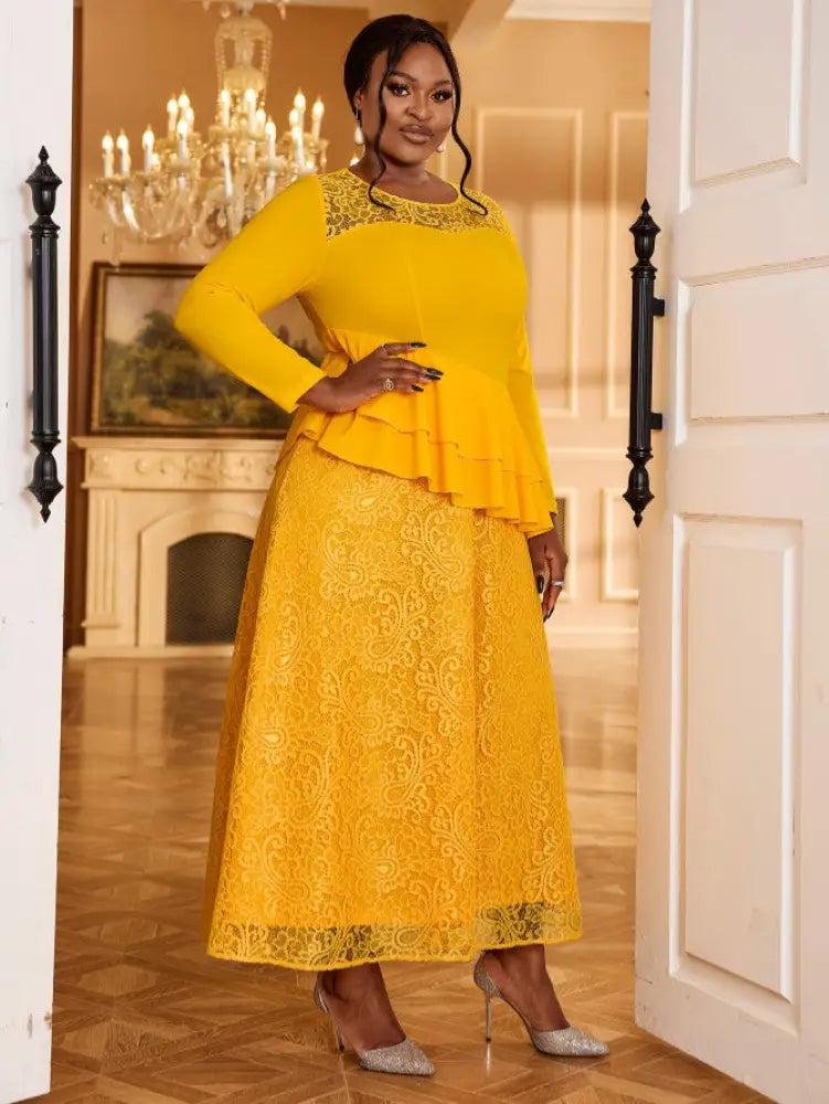Yellow A Line Maxi Dress O Neck Lace Patchwork Long Sleeve