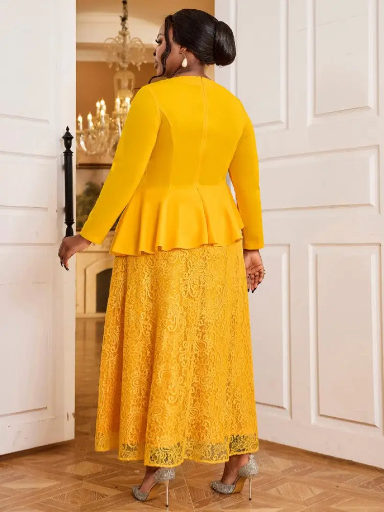 Yellow A Line Maxi Dress O Neck Lace Patchwork Long Sleeve
