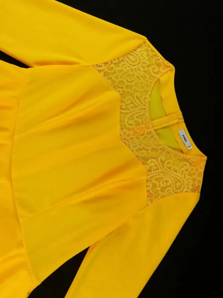 Yellow A Line Maxi Dress O Neck Lace Patchwork Long Sleeve
