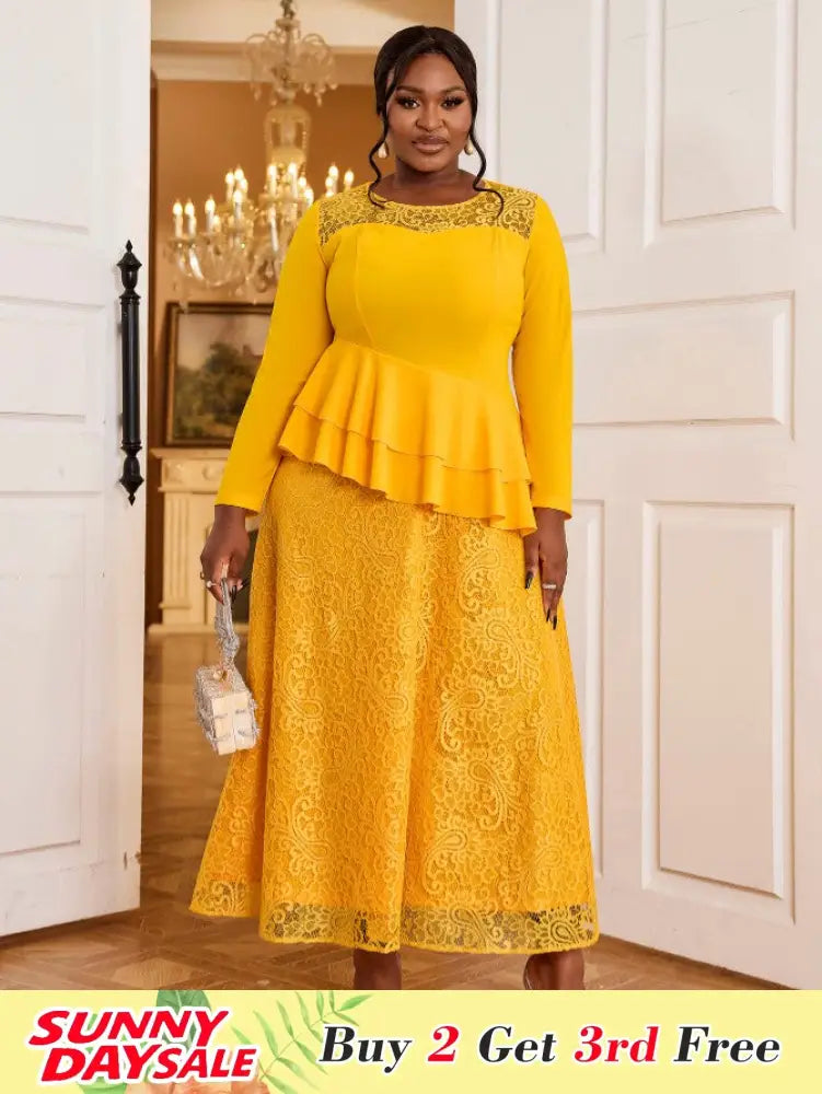 Yellow A Line Maxi Dress O Neck Lace Patchwork Long Sleeve