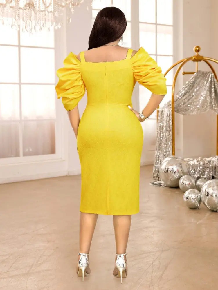 Yellow Cold Shoulder Lace Patchwork Folds Bodycon Dress