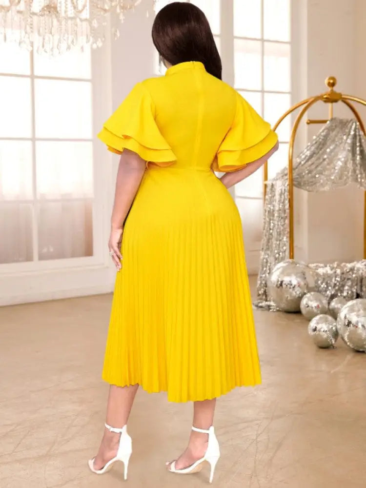 Yellow Halter O Neck Short Ruffles Sleeves Pleated Dress
