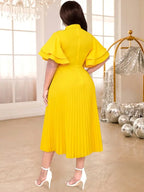 Yellow Halter O Neck Short Ruffles Sleeves Pleated Dress