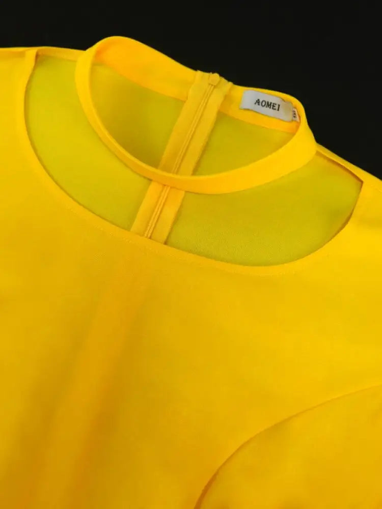 Yellow Halter O Neck Short Ruffles Sleeves Pleated Dress
