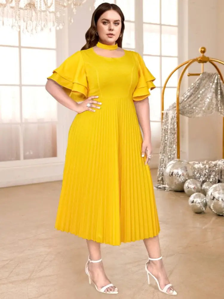 Yellow Halter O Neck Short Ruffles Sleeves Pleated Dress